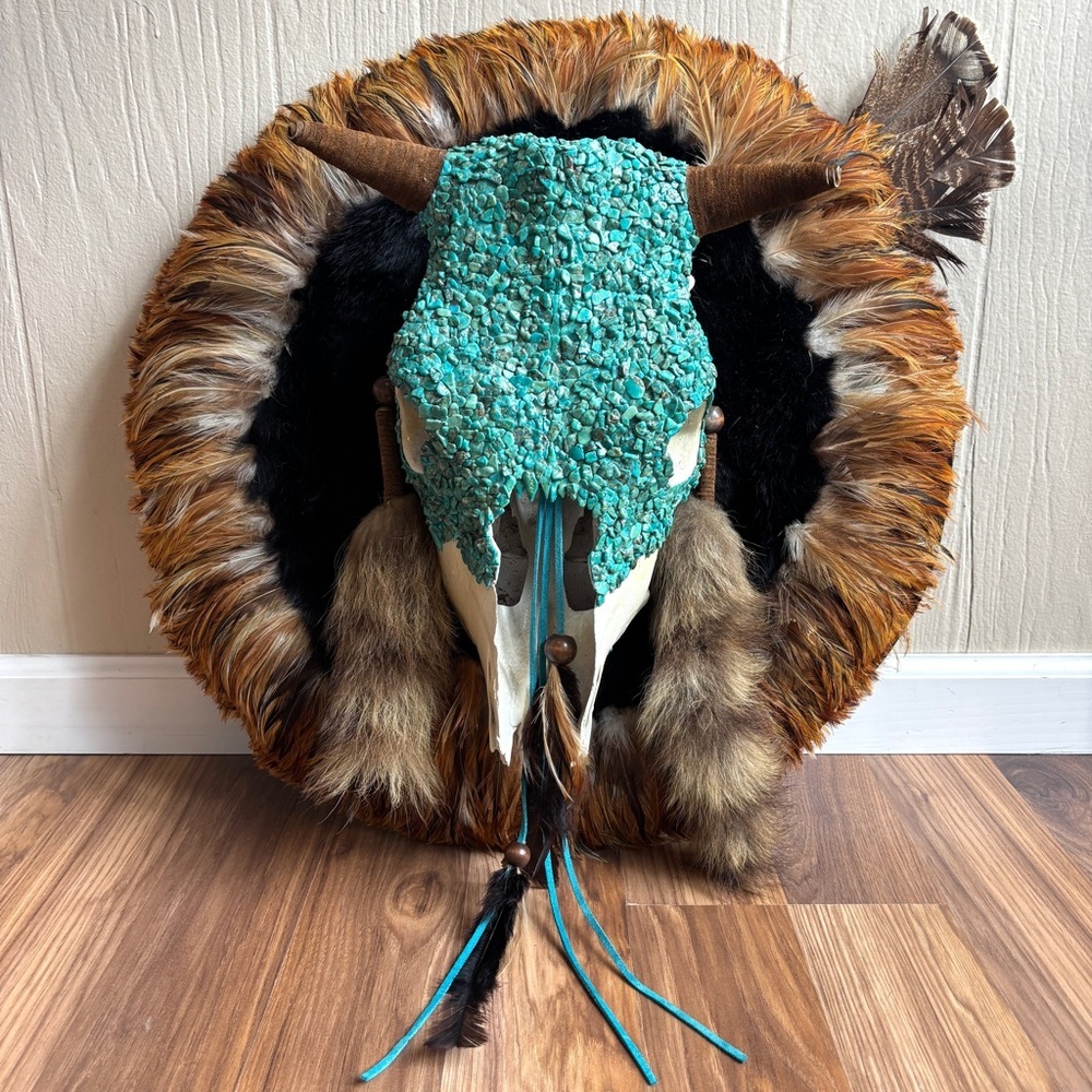 Turquoise Skull Wall Hanging Fur Feathers Leathers Accents